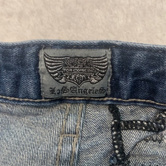 Rerock for Express Womens Blue Patched Denim Frayed Hem Skinny Capri Jeans Sz 0 - Picture 5 of 11